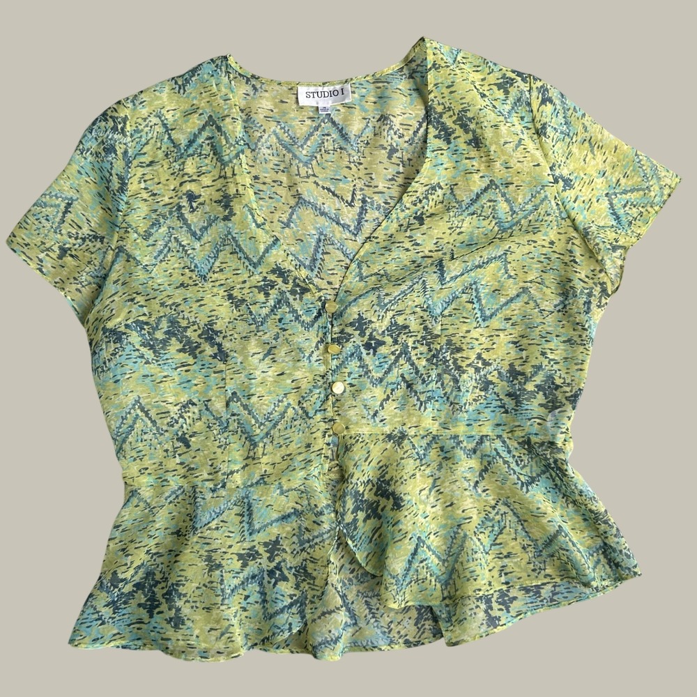 Studio I Blouse Womens 14 Green Sheer Peplum Button Front Abstract Fairy Office